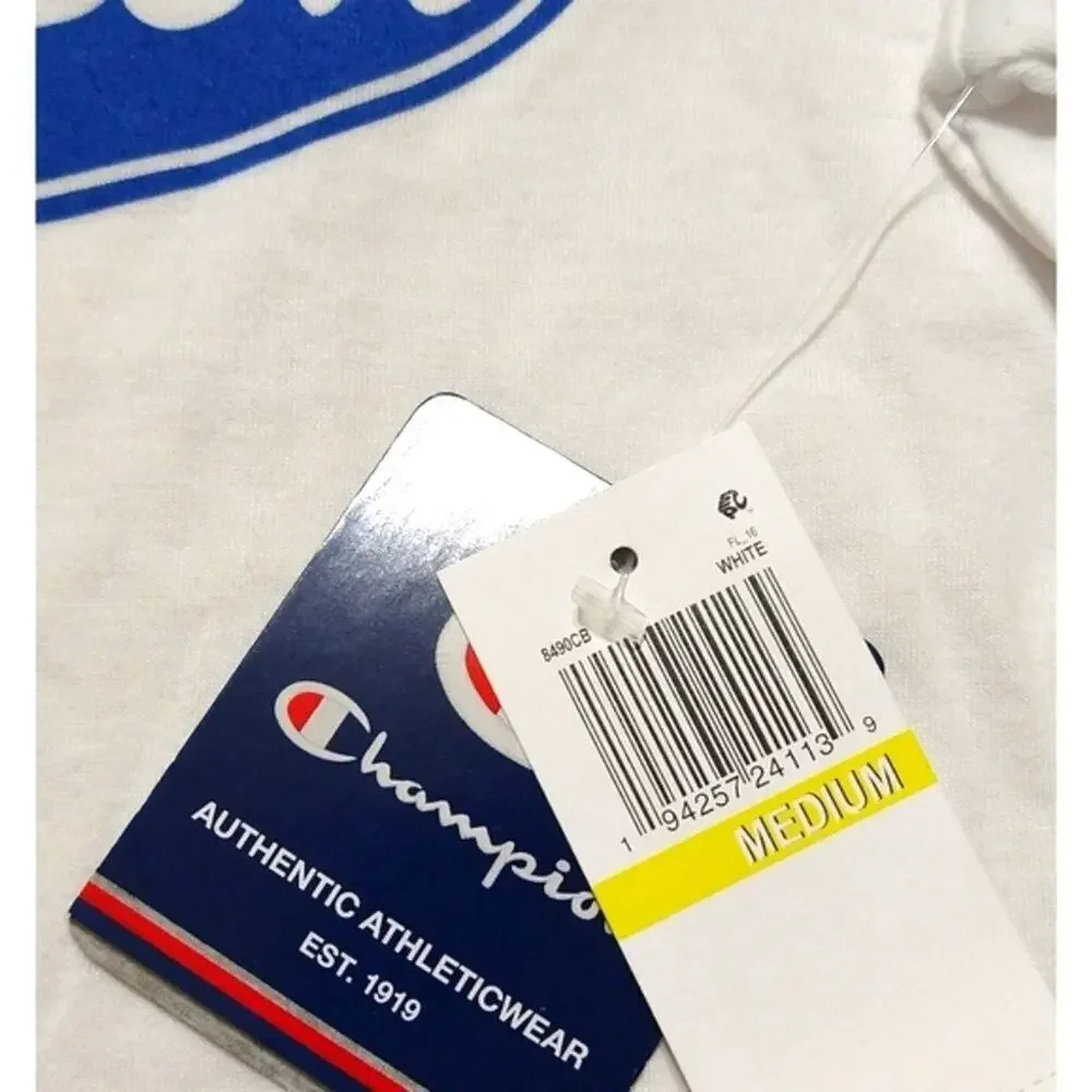 Champion Boys T-Shirt Size Medium (M) White Crew Neck Short Sleeve Blue Logo